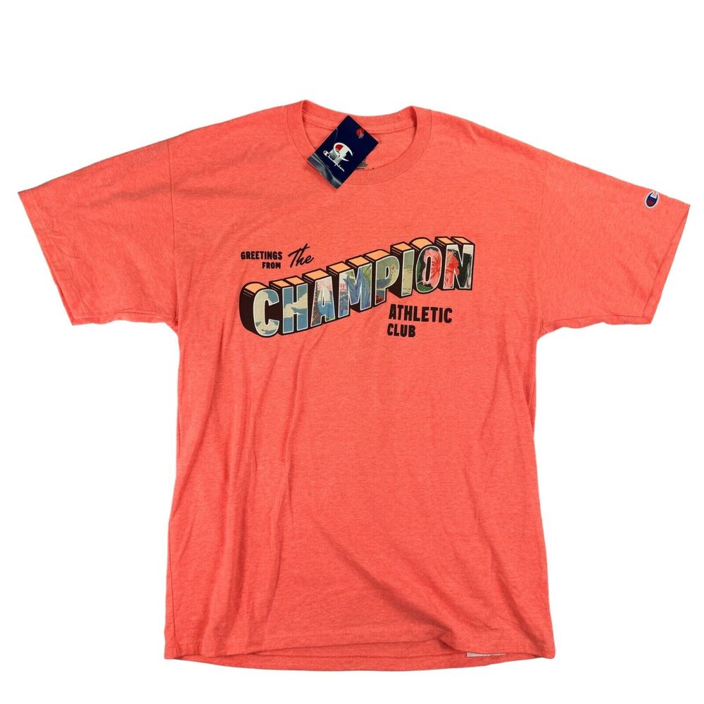 Champion Mens Greetings Logo Graphic Short Sleeve T-Shirt Coral Pink L